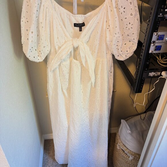 ELOQUII Women's Plus Size White Eyelet Tie Front Maxi Dress - Picture 5 of 7